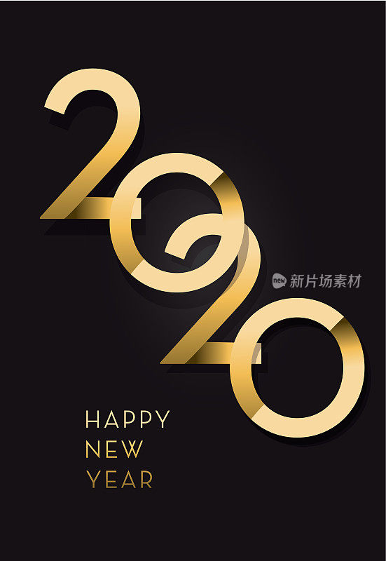 Happy New Year 2020 greeting card banner design in gold and glitter with text